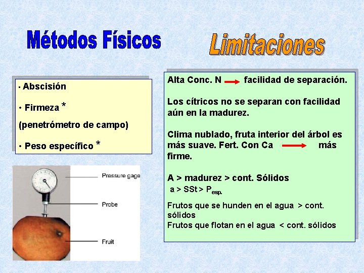  • Abscisión • Firmeza * (penetrómetro de campo) • Peso específico * Alta