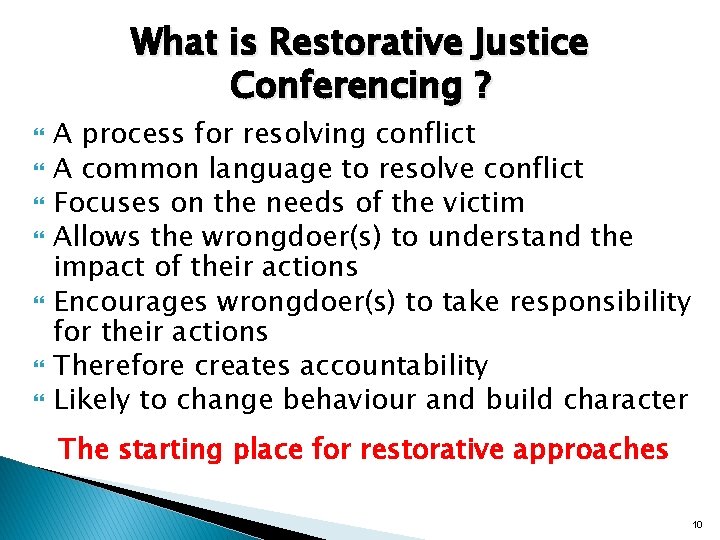 What is Restorative Justice Conferencing ? A process for resolving conflict A common language