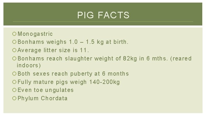 PIG FACTS Monogastric Bonhams weighs 1. 0 – 1. 5 kg at birth. Average