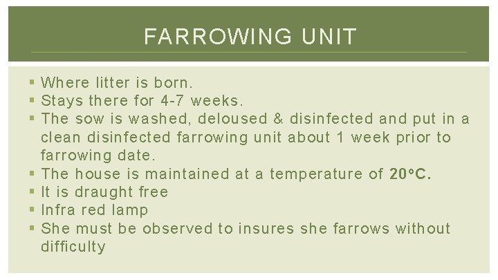 FARROWING UNIT § Where litter is born. § Stays there for 4 -7 weeks.