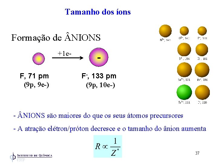 Tamanho dos íons Formação de NIONS +1 e. F, 71 pm (9 p, 9