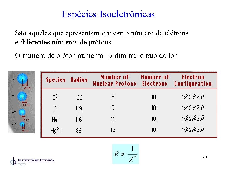 Espécies Isoeletrônicas São aquelas que apresentam o mesmo número de elétrons e diferentes números