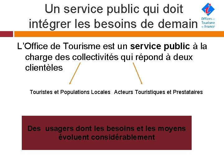 Un service public qui doit intégrer les besoins de demain L’Office de Tourisme est