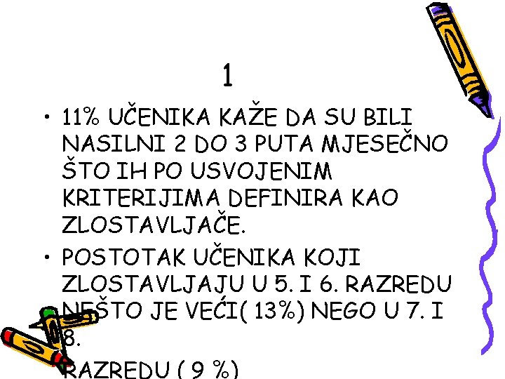 1 • 11% UČENIKA KAŽE DA SU BILI NASILNI 2 DO 3 PUTA MJESEČNO