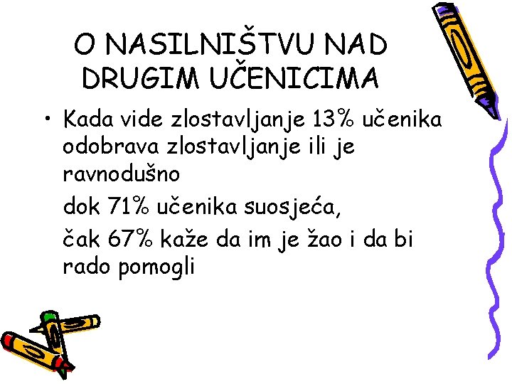 O NASILNIŠTVU NAD DRUGIM UČENICIMA • Kada vide zlostavljanje 13% učenika odobrava zlostavljanje ili