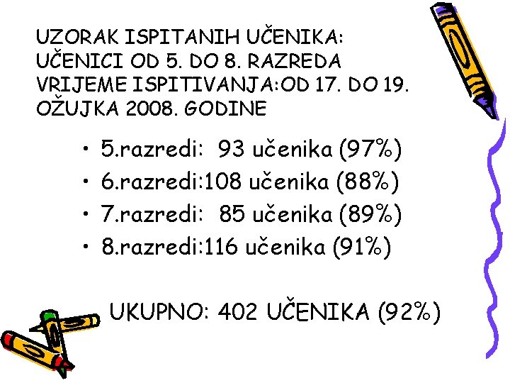 UZORAK ISPITANIH UČENIKA: UČENICI OD 5. DO 8. RAZREDA VRIJEME ISPITIVANJA: OD 17. DO