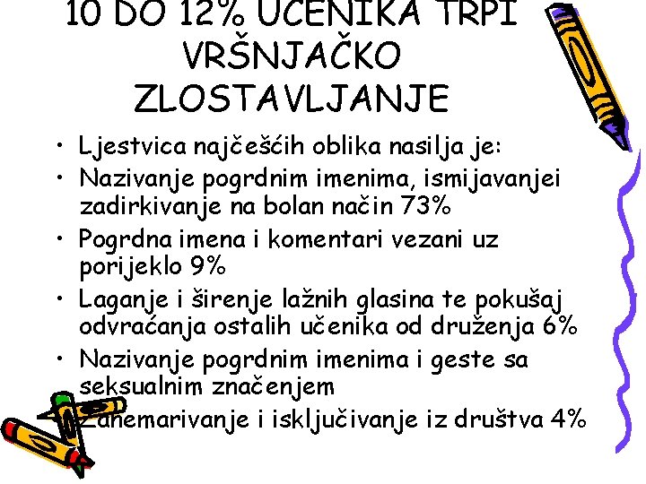 10 DO 12% UČENIKA TRPI VRŠNJAČKO ZLOSTAVLJANJE • Ljestvica najčešćih oblika nasilja je: •