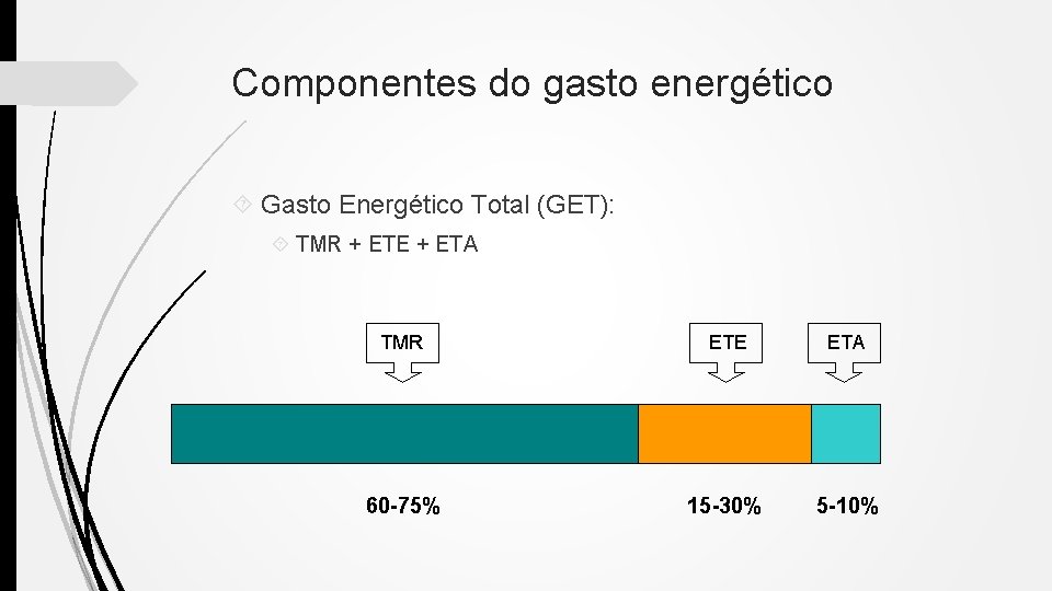 Componentes do gasto energético Gasto Energético Total (GET): TMR + ETE + ETA TMR