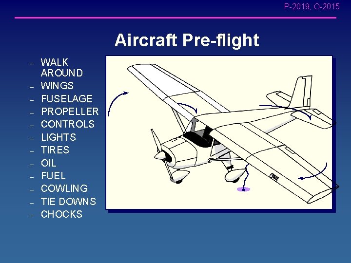 P-2019, O-2015 Aircraft Pre-flight – – – WALK AROUND WINGS FUSELAGE PROPELLER CONTROLS LIGHTS
