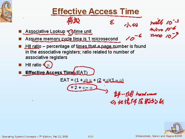 Effective Access Time n Associative Lookup = time unit n Assume memory cycle time