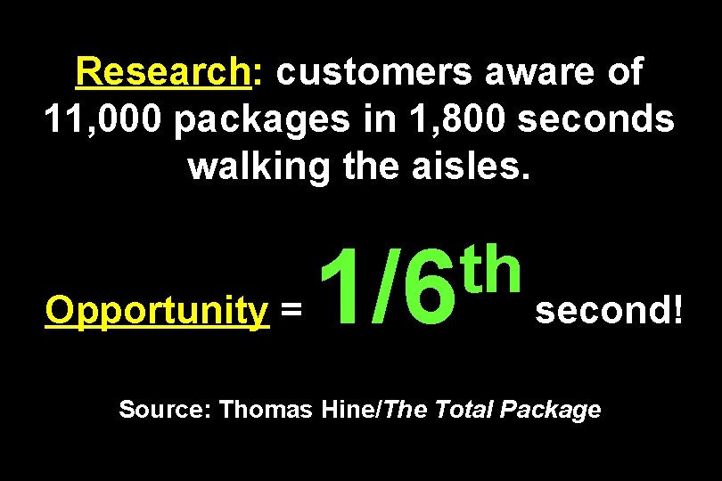 Research: customers aware of 11, 000 packages in 1, 800 seconds walking the aisles.