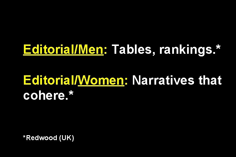 Editorial/Men: Tables, rankings. * Editorial/Women: Narratives that cohere. * *Redwood (UK) 