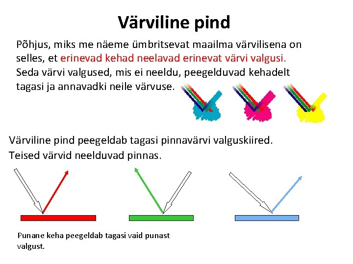 Värviline pind Põhjus, miks me näeme ümbritsevat maailma värvilisena on selles, et erinevad kehad