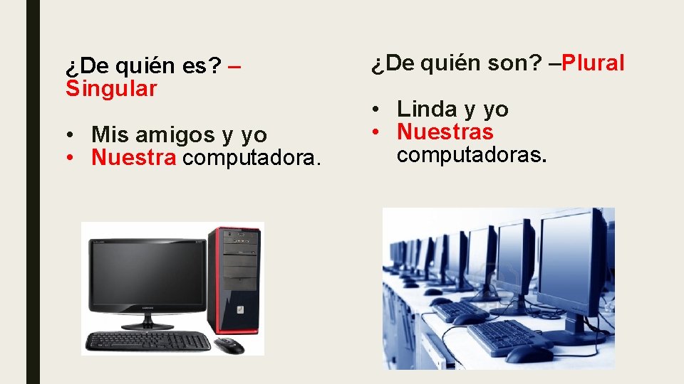 ¿De quién es? – Singular • Mis amigos y yo • Nuestra computadora. ¿De ¿De quién es? – Singular • Mis amigos y yo • Nuestra computadora. ¿De