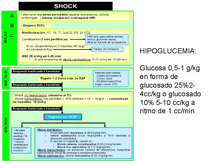HIPOGLUCEMIA: Glucosa 0, 5 -1 g/kg en forma de glucosado 25%24 cc/kg o glucosado