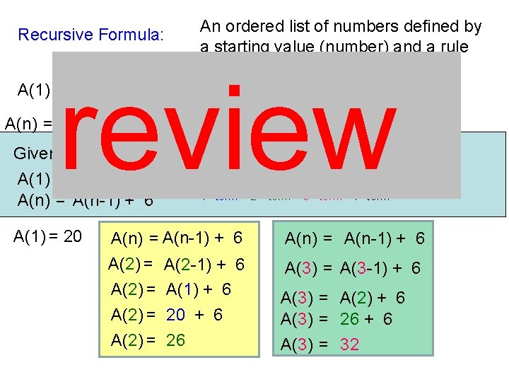 Recursive Formula: An ordered list of numbers defined by a starting value (number) and