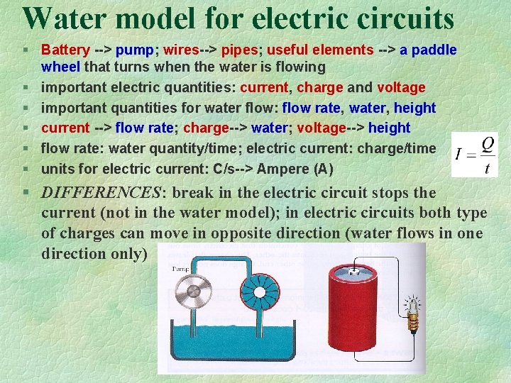 Water model for electric circuits § Battery --> pump; wires--> pipes; useful elements -->