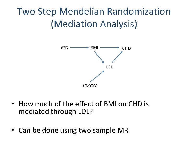 Two Step Mendelian Randomization (Mediation Analysis) FTO BMI CHD LDL HMGCR • How much