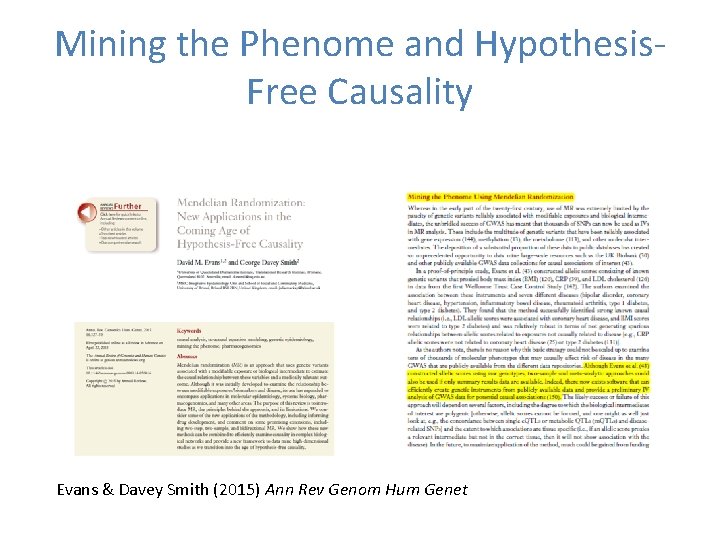 Mining the Phenome and Hypothesis. Free Causality Evans & Davey Smith (2015) Ann Rev