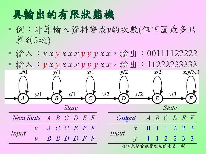 具輸出的有限狀態機 § 例：計算輸入資料變成y的次數(但下圖最多只 算到 3次) § 輸入：x x y x x x y y