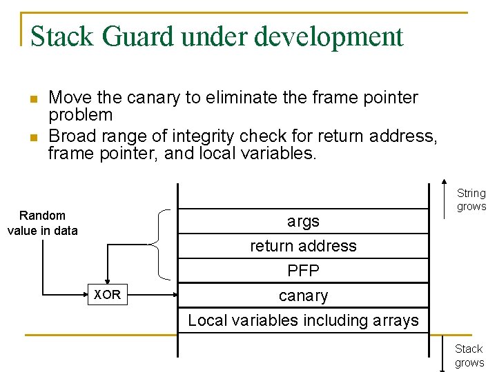 Stack Guard under development n n Move the canary to eliminate the frame pointer