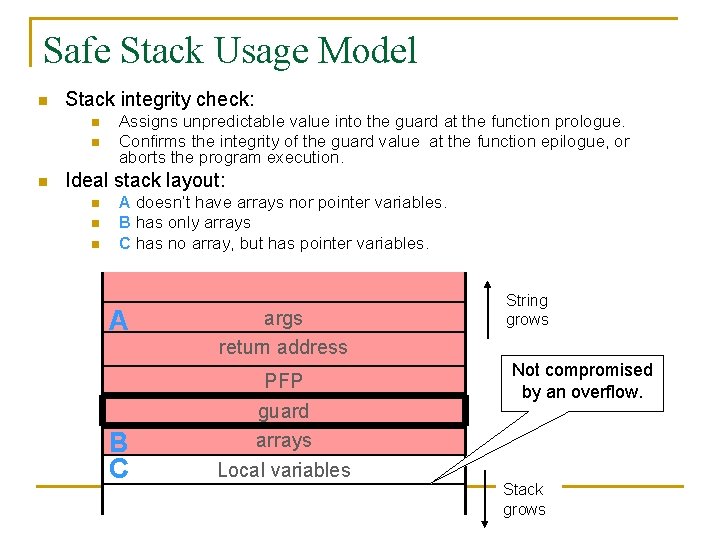 Safe Stack Usage Model n Stack integrity check: n n n Assigns unpredictable value