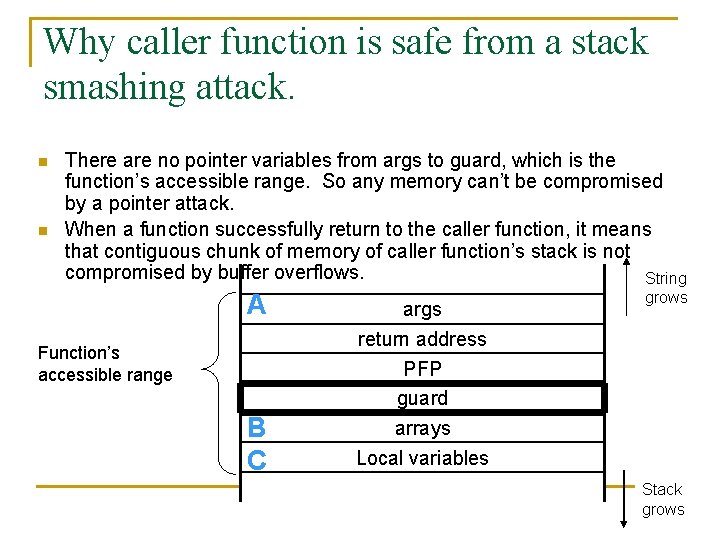 Why caller function is safe from a stack smashing attack. n n There are