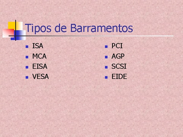 Tipos de Barramentos n n ISA MCA EISA VESA n n PCI AGP SCSI