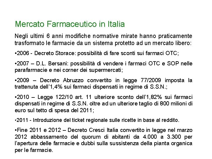 Mercato Farmaceutico in Italia Negli ultimi 6 anni modifiche normative mirate hanno praticamente trasformato