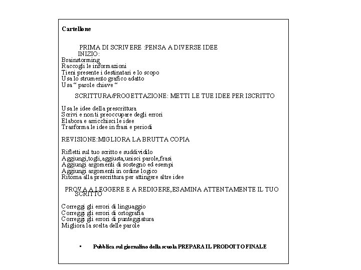 Il processo di scrittura Cartellone PRIMA DI SCRIVERE : PENSA A DIVERSE IDEE INIZIO: