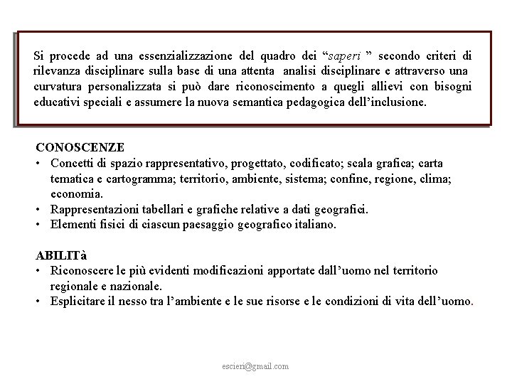 Si procede ad una essenzializzazione del quadro dei “saperi ” secondo criteri di rilevanza