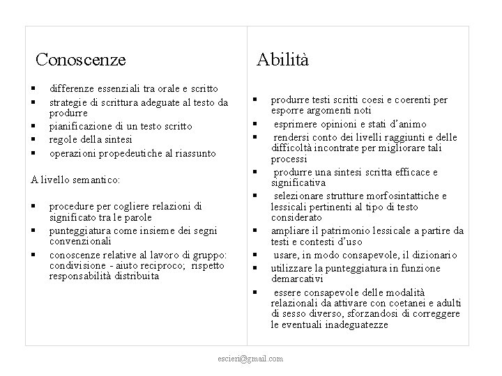  Conoscenze § § § differenze essenziali tra orale e scritto strategie di scrittura