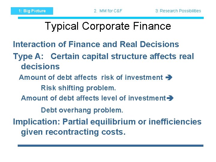 1: Big Picture 2. MM for C&F 3: Research Possibilities Typical Corporate Finance Interaction