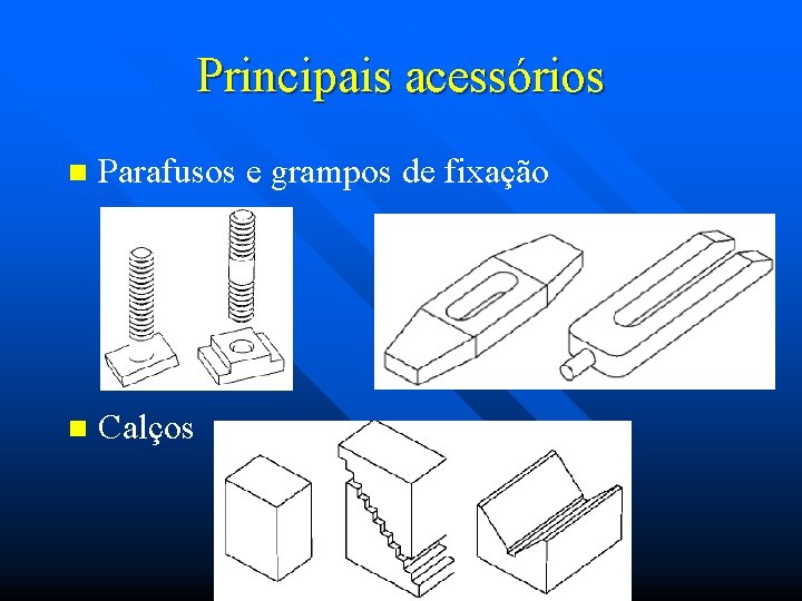 Principais acessórios n Parafusos e grampos de fixação n Calços 