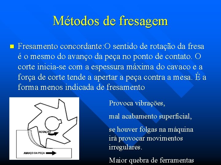 Métodos de fresagem n Fresamento concordante: O concordante: sentido de rotação da fresa é