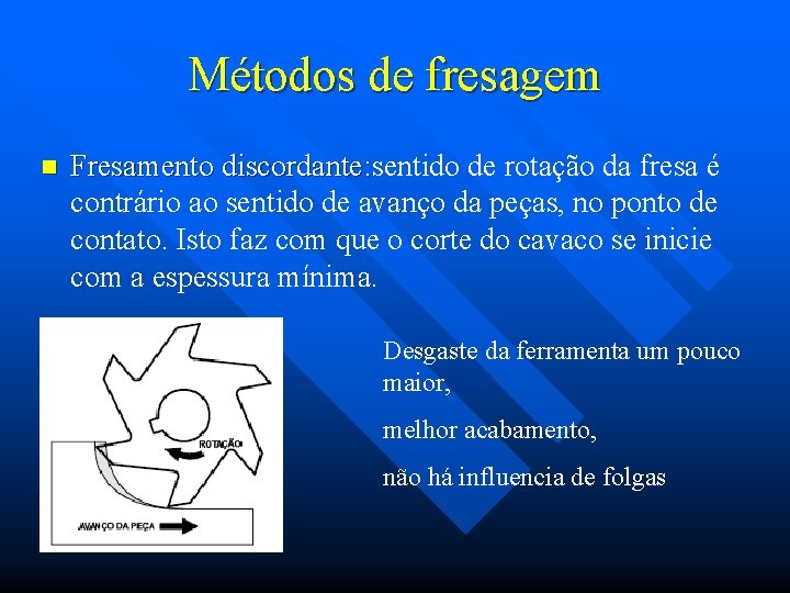 Métodos de fresagem n Fresamento discordante: sentido de rotação da fresa é discordante: contrário