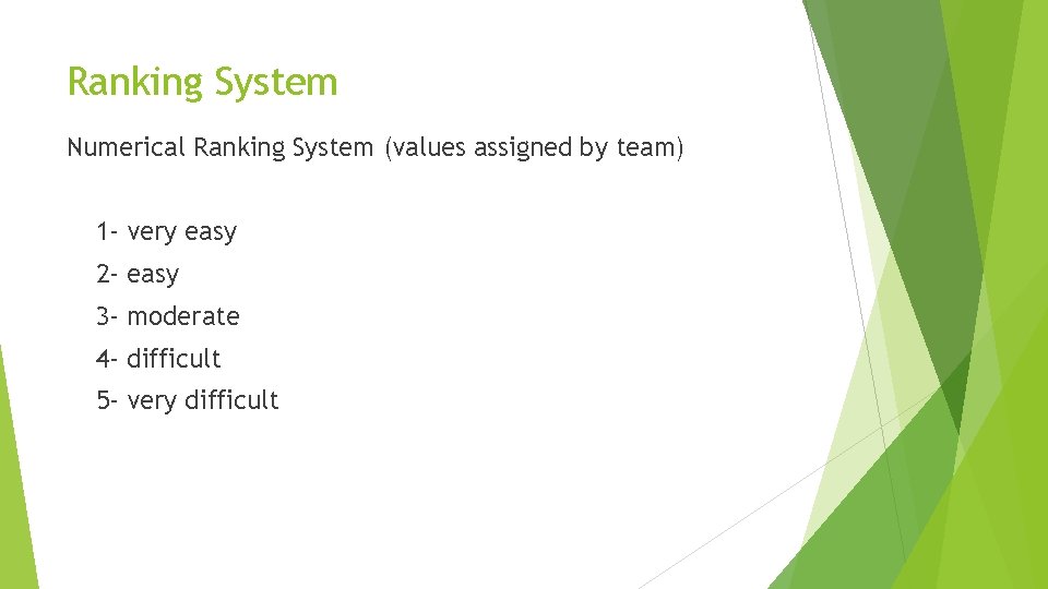 Ranking System Numerical Ranking System (values assigned by team) 1 - very easy 2