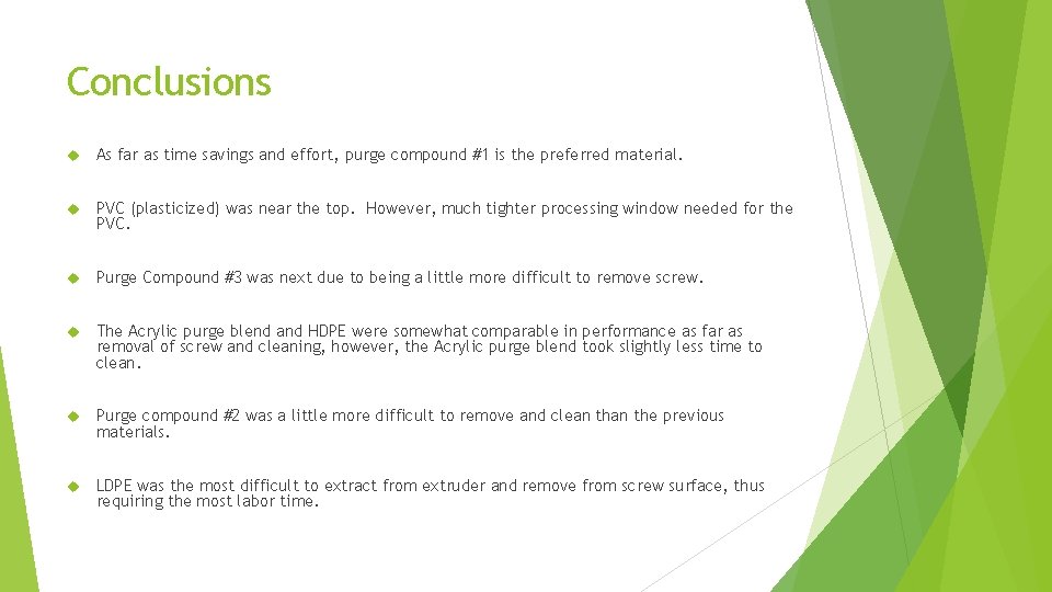 Conclusions As far as time savings and effort, purge compound #1 is the preferred