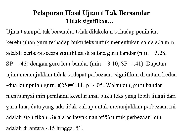 Pelaporan Hasil Ujian t Tak Bersandar Tidak signifikan… Ujian t sampel tak bersandar telah