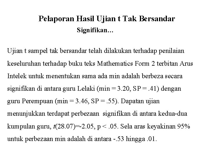 Pelaporan Hasil Ujian t Tak Bersandar Signifikan… Ujian t sampel tak bersandar telah dilakukan