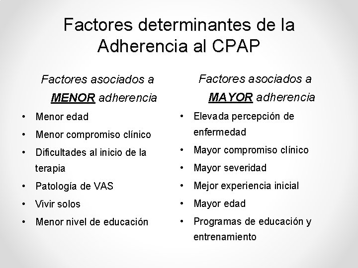 Factores determinantes de la Adherencia al CPAP Factores asociados a MENOR adherencia MAYOR adherencia