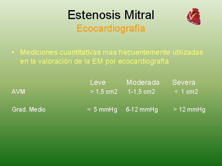 Estenosis Mitral Ecocardiografía • Mediciones cuantitativas mas frecuentemente utilizadas en la valoración de la