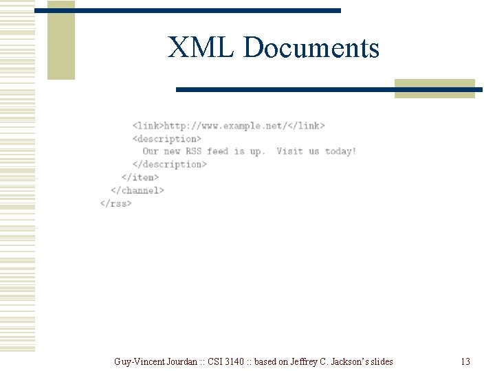 XML Documents Guy-Vincent Jourdan : : CSI 3140 : : based on Jeffrey C.