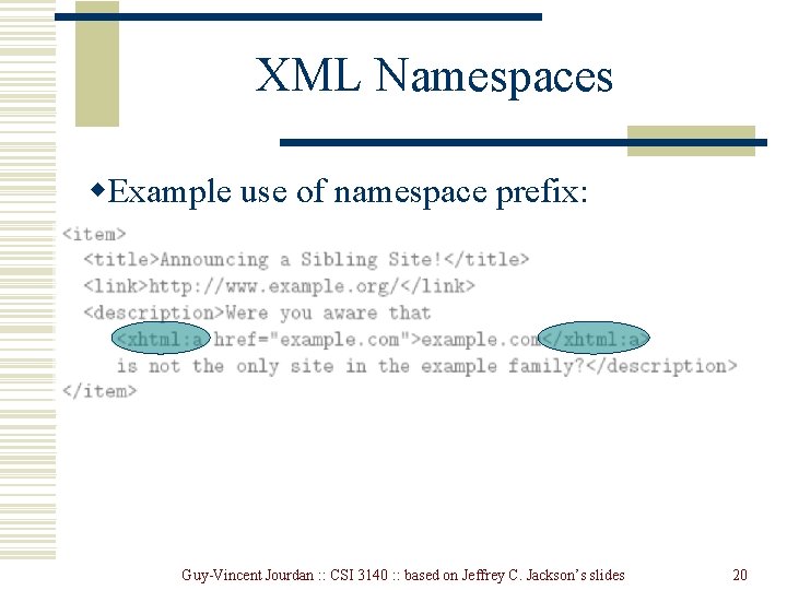 XML Namespaces w. Example use of namespace prefix: Guy-Vincent Jourdan : : CSI 3140