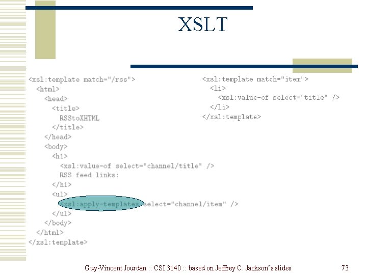 XSLT Guy-Vincent Jourdan : : CSI 3140 : : based on Jeffrey C. Jackson’s