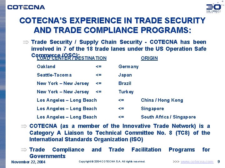 COTECNA’S EXPERIENCE IN TRADE SECURITY AND TRADE COMPLIANCE PROGRAMS: Þ Trade Security / Supply