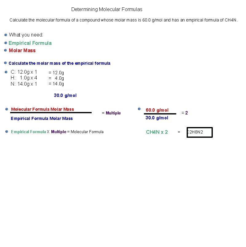 Determining Molecular Formulas Calculate the molecular formula of a compound whose molar mass is