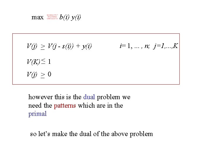 max b(i) y(i) V(j) > V(j - s(i)) + y(i) i= 1, . . max b(i) y(i) V(j) > V(j - s(i)) + y(i) i= 1, . .