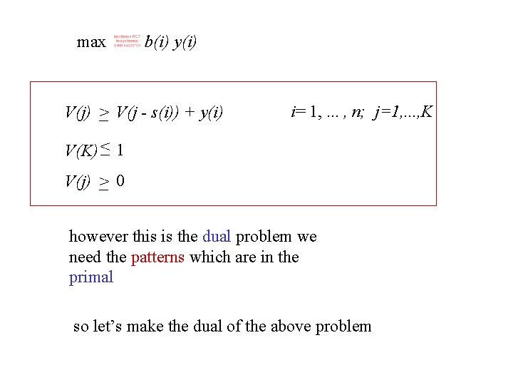 max b(i) y(i) V(j) > V(j - s(i)) + y(i) i= 1, . .