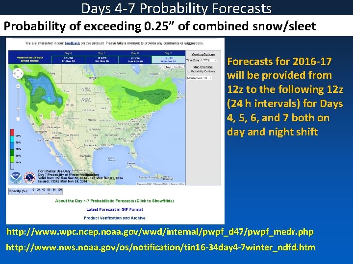 Days 4 -7 Probability Forecasts Probability of exceeding 0. 25” of combined snow/sleet Forecasts